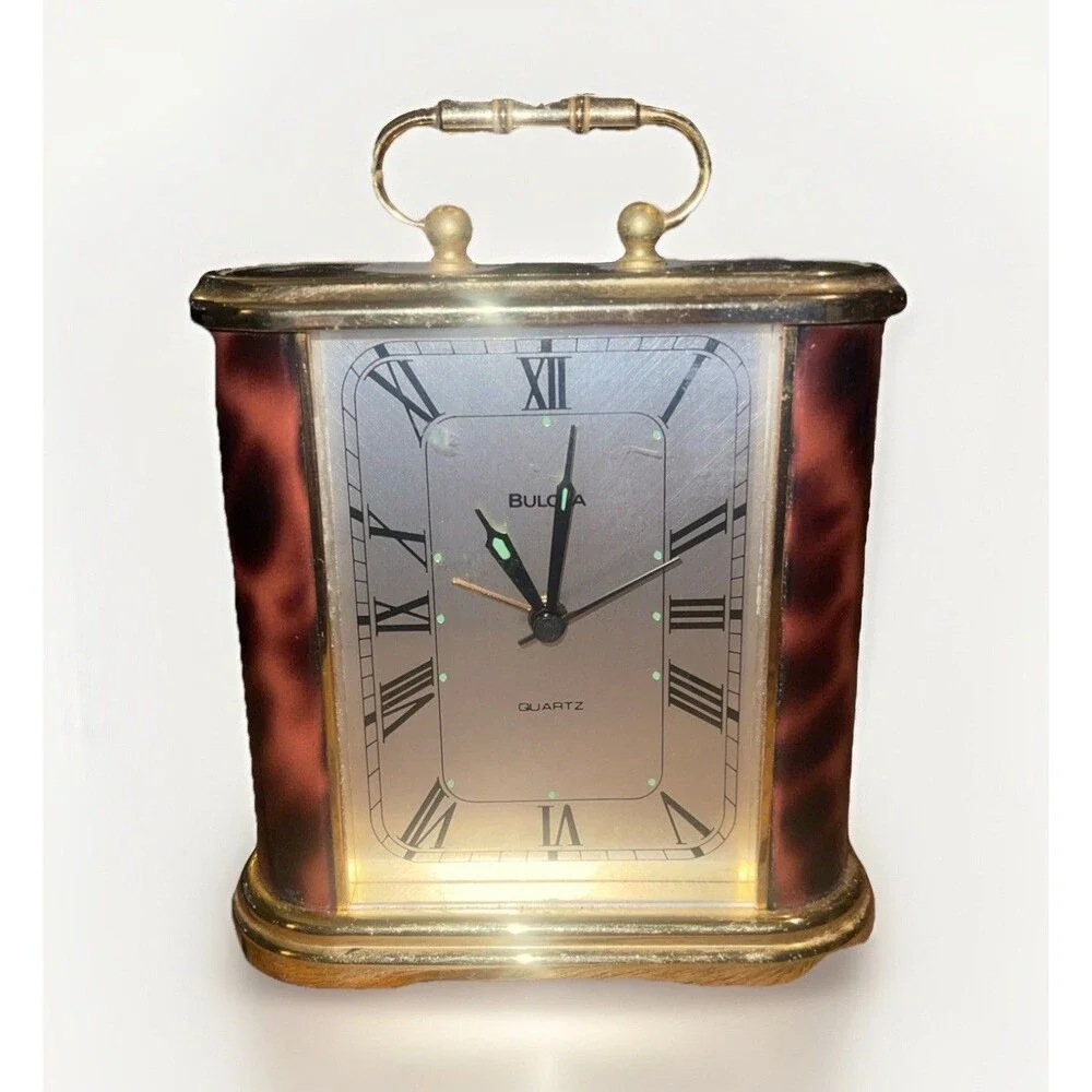 Vintage Bulova Brass Accented Quartz Travel Alarm Clock Tested & Working